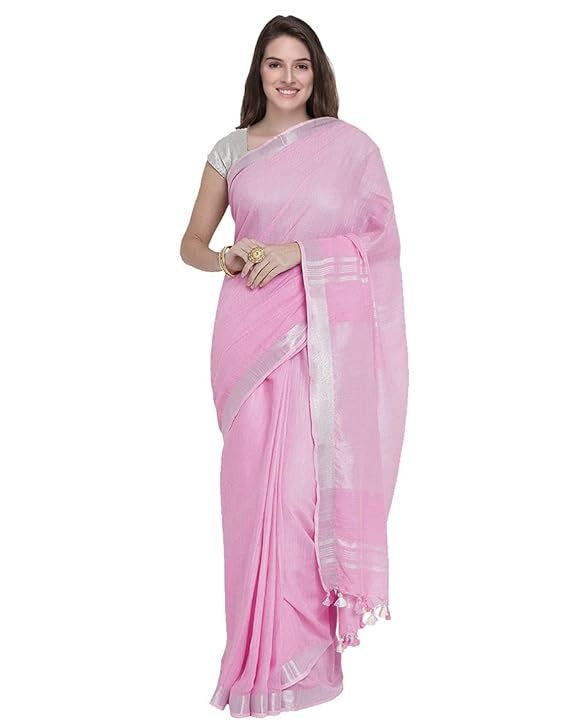 Pink Linen Saree With Silver Border & Pink and white Tassels
