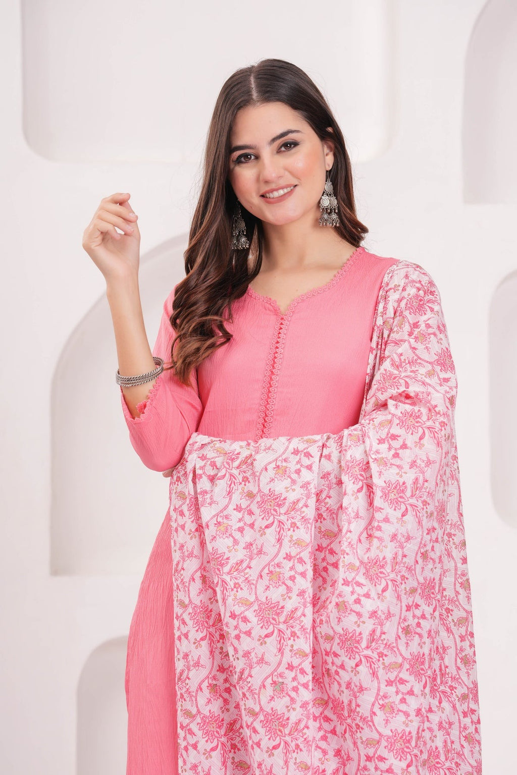 Pink Solid Kurti Pants with Printed Dupatta