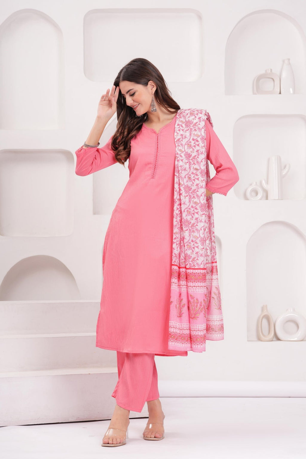 Pink Solid Kurti Pants with Printed Dupatta