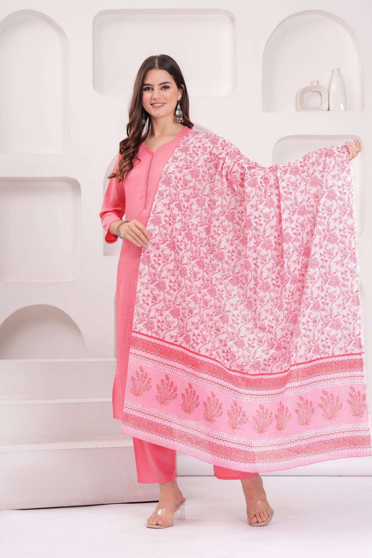 Pink Solid Kurti Pants with Printed Dupatta