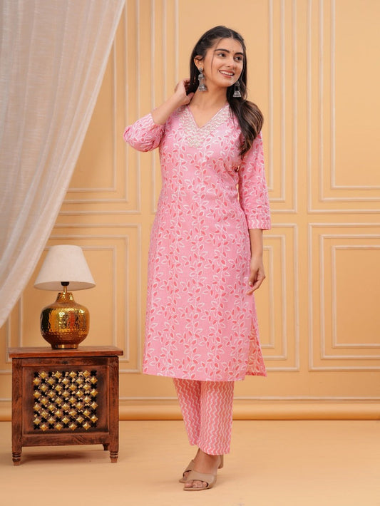 Pink & White Block Printed Cotton Kurti With Pants