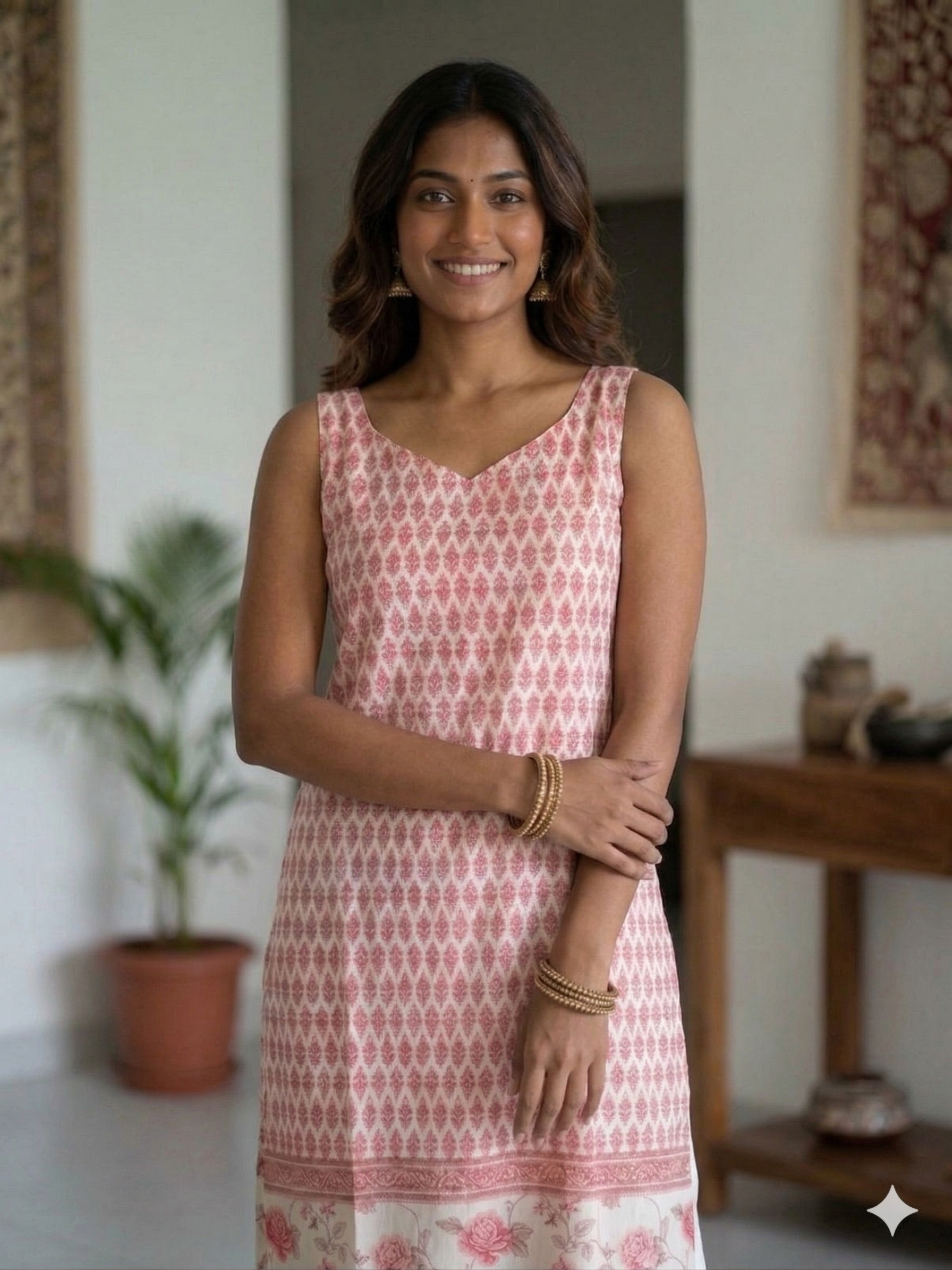 White Pink Soft cotton Printed Sleeveless Medium lenth Kurti Top ( Top Only)