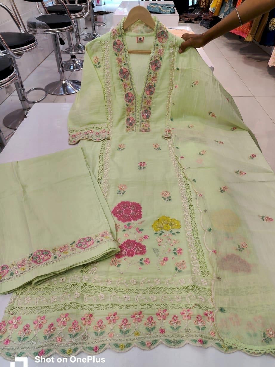 Heavy Embroidered Mul Cotton Kurti With Palazzo and Dupatta