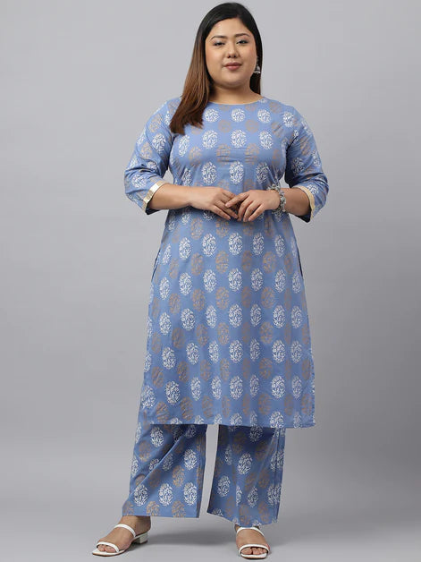 Blue & White Floral Printed Pure Cotton Kurta with Palazzo