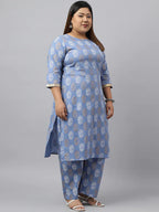Blue & White Floral Printed Pure Cotton Kurta with Palazzo