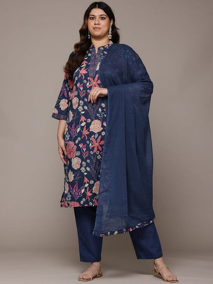 Plus Size Navy Blue Floral Printed Pure Cotton Kurta Palazzo Set With Dupatta