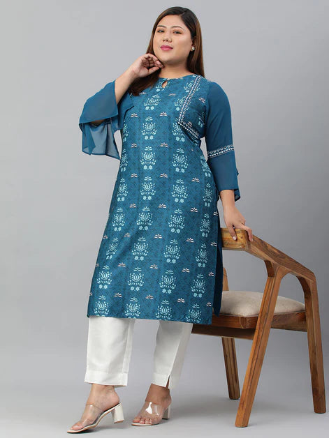 Teal Blue Printed Poly Crepe Kurti Top
