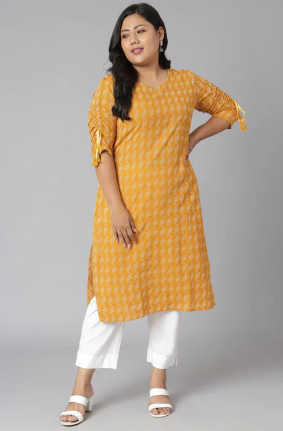 Mustard & White Kanta Printed Cotton Kurti Top