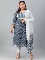 Load image into Gallery viewer, Blue &amp; White Floral Printed Pure Cotton Kurta with Dupatta &amp; Palazzo

