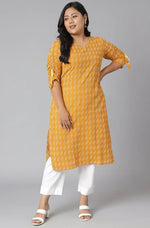 Load image into Gallery viewer, Mustard &amp; White Kanta Printed Cotton Kurti Top
