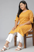 Mustard & White Kanta Printed Cotton Kurti Top