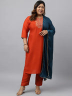 Plus Size Rust Orange Kurta Palazzo Set With Blue Dupatta