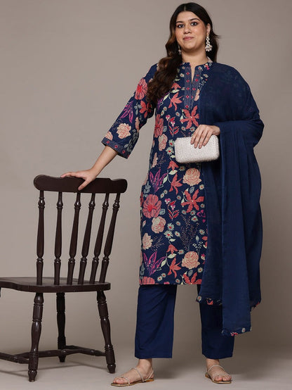 Plus Size Navy Blue Floral Printed Pure Cotton Kurta Palazzo Set With Dupatta