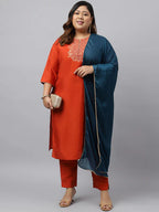Plus Size Rust Orange Kurta Palazzo Set With Blue Dupatta