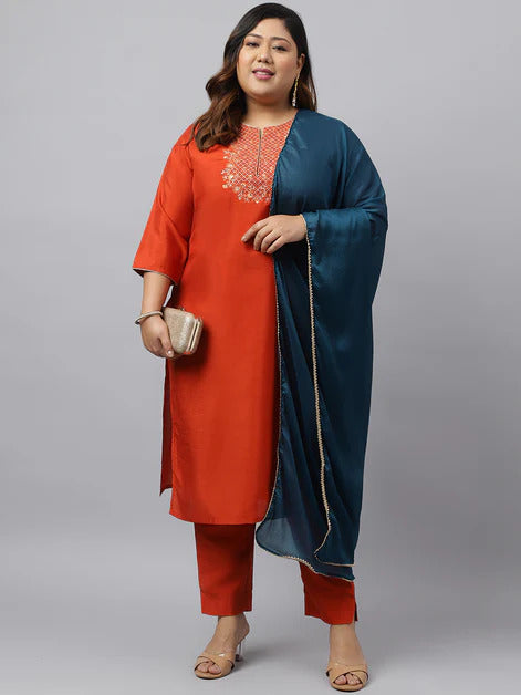 Plus Size Rust Orange Kurta Palazzo Set With Blue Dupatta
