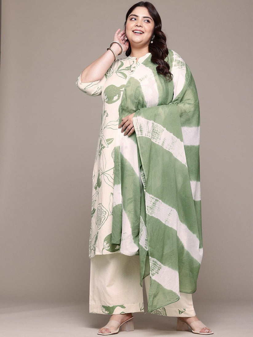 Plus Size Green  & Off White Floral Printed Pure Cotton Kurta Palazzo Set With Dupatta
