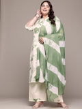 Plus Size Green  & Off White Floral Printed Pure Cotton Kurta Palazzo Set With Dupatta
