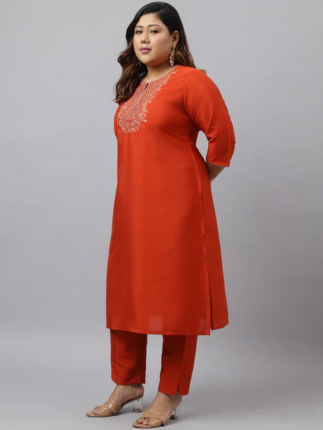 Plus Size Rust Orange Kurta Palazzo Set With Blue Dupatta