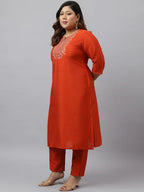 Plus Size Rust Orange Kurta Palazzo Set With Blue Dupatta