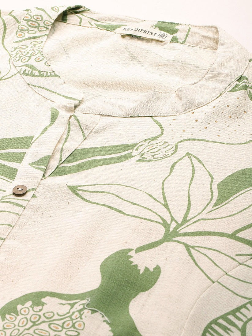 Plus Size Green  & Off White Floral Printed Pure Cotton Kurta Palazzo Set With Dupatta