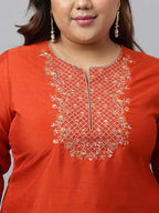 Plus Size Rust Orange Kurta Palazzo Set With Blue Dupatta