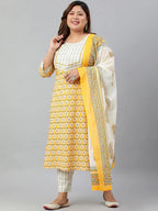 Yellow & White Floral Printed Pure Cotton Kurta with Dupatta & Palazzo