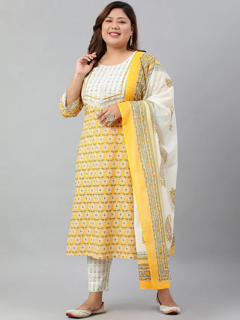 Yellow & White Floral Printed Pure Cotton Kurta with Dupatta & Palazzo