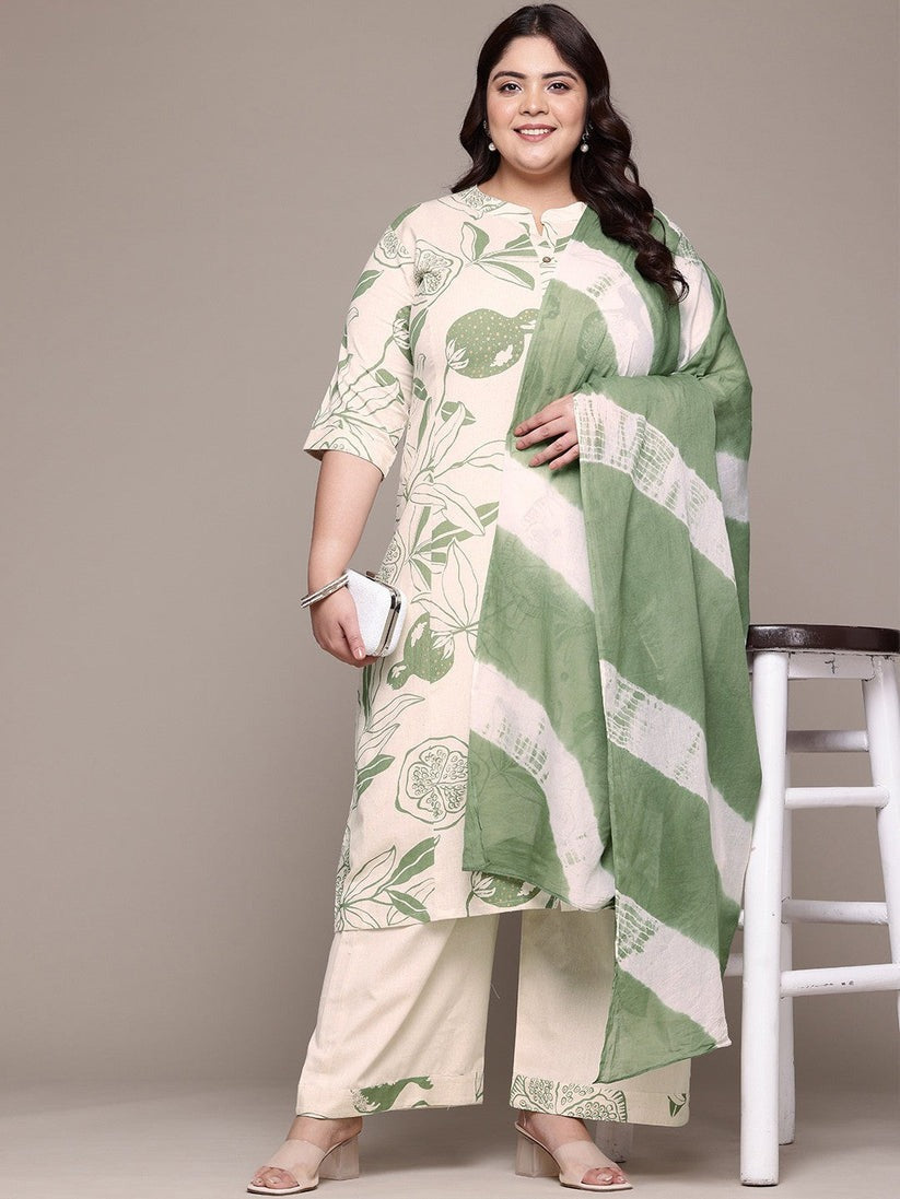Plus Size Green  & Off White Floral Printed Pure Cotton Kurta Palazzo Set With Dupatta