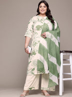 Plus Size Green  & Off White Floral Printed Pure Cotton Kurta Palazzo Set With Dupatta