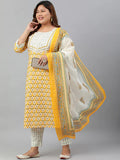 Yellow & White Floral Printed Pure Cotton Kurta with Dupatta & Palazzo