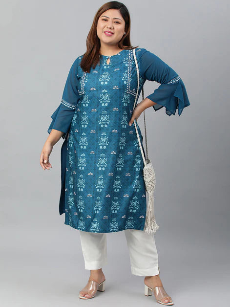 Teal Blue Printed Poly Crepe Kurti Top