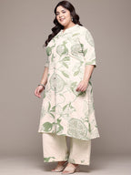 Plus Size Green  & Off White Floral Printed Pure Cotton Kurta Palazzo Set With Dupatta