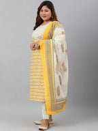 Yellow & White Floral Printed Pure Cotton Kurta with Dupatta & Palazzo