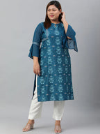 Teal Blue Printed Poly Crepe Kurti Top