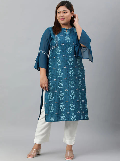 Teal Blue Printed Poly Crepe Kurti Top