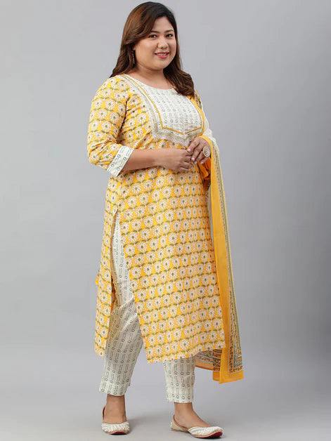 Yellow & White Floral Printed Pure Cotton Kurta with Dupatta & Palazzo