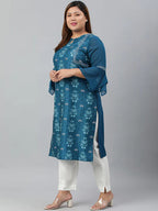 Teal Blue Printed Poly Crepe Kurti Top