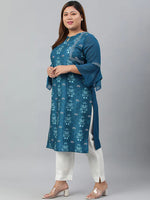 Load image into Gallery viewer, Teal Blue Printed Poly Crepe Kurti Top
