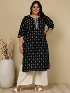 Plus Size Black Ethnic Printed Cotton Kurti Top( Top Only)
