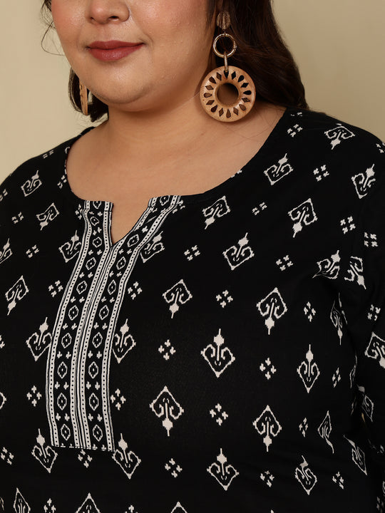Plus Size Black Ethnic Printed Cotton Kurti Top( Top Only)