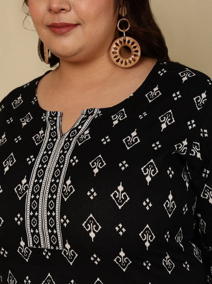 Plus size  Black & White Pure Cotton Printed Kurti Top (Top Only)
