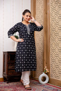 Plus Size Black Ethnic Printed Cotton Kurti Top( Top Only)