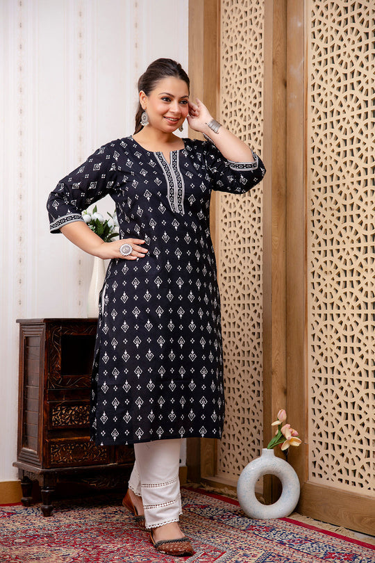Plus Size Black Ethnic Printed Cotton Kurti Top( Top Only)