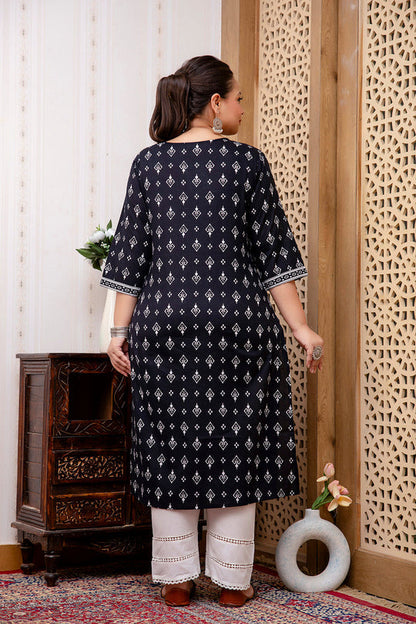 Plus Size Black Ethnic Printed Cotton Kurti Top( Top Only)