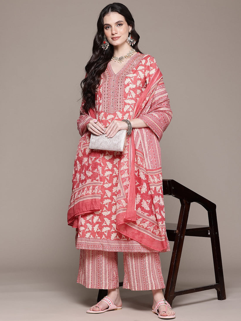 Pink Printed Kurta Palazzo Set with Dupatta
