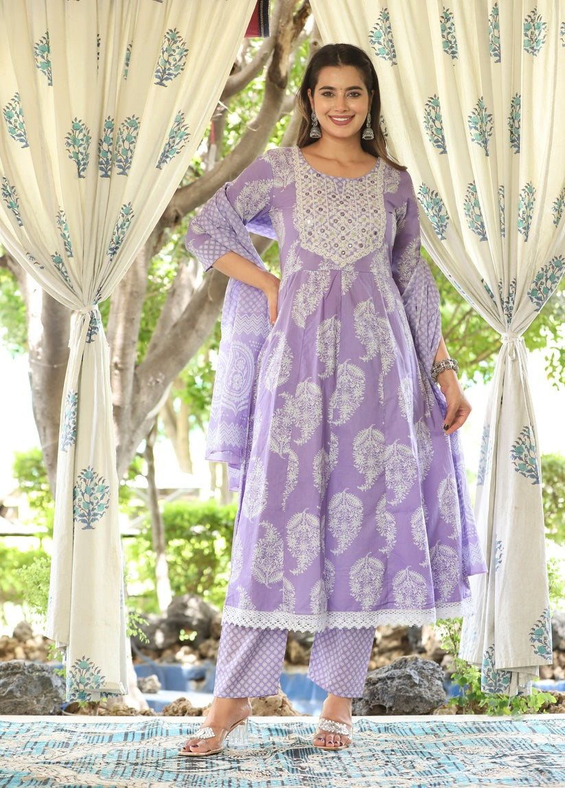 Printed Purple & White Cotton Anarkali Kurti Set