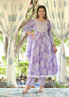 Printed Purple & White Cotton Anarkali Kurti Set