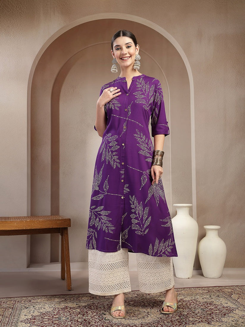 Purple  Rayon Botanic printed A-Line Kurti Top (Top Only)