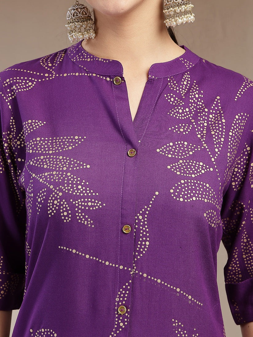 Purple  Rayon Botanic printed A-Line Kurti Top (Top Only)