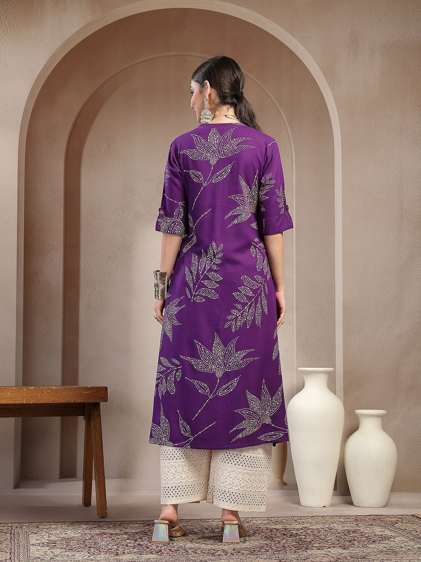 Purple  Rayon Botanic printed A-Line Kurti Top (Top Only)